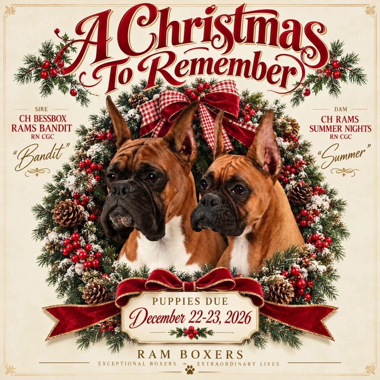 ‘A Christmas to Remember’ nursery artwork: champion Boxers Bandit and Summer framed in a snowy evergreen wreath with red velvet bows, holly berries and pinecones. Puppies due December 22–23, 2026.